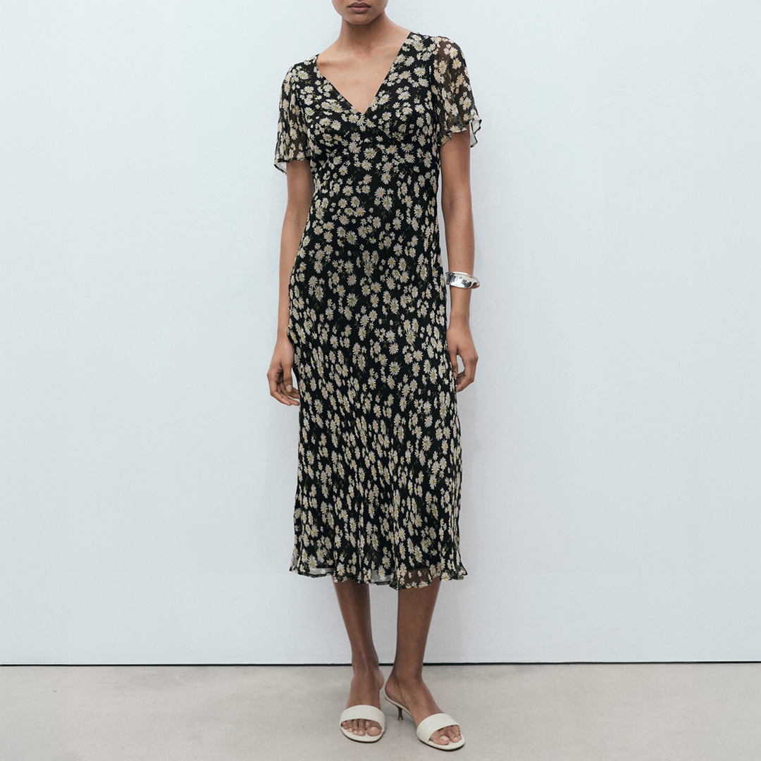 Mango Women's   Black Floral Print Straight Fit Midi Dress in Size S, BrandAlley