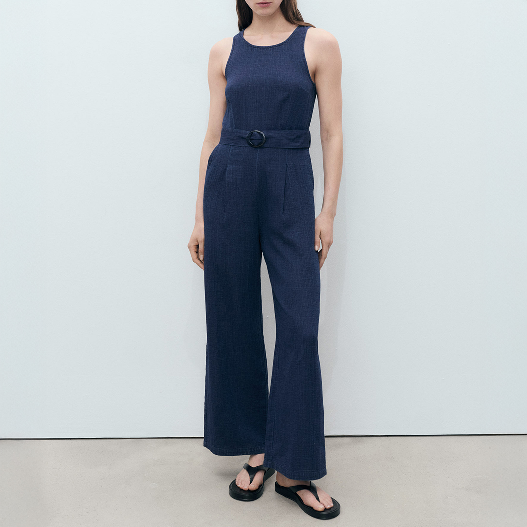 Mango Women's   Blue Dark Flowy Denim Jumpsuit With Belt in Size XL, BrandAlley
