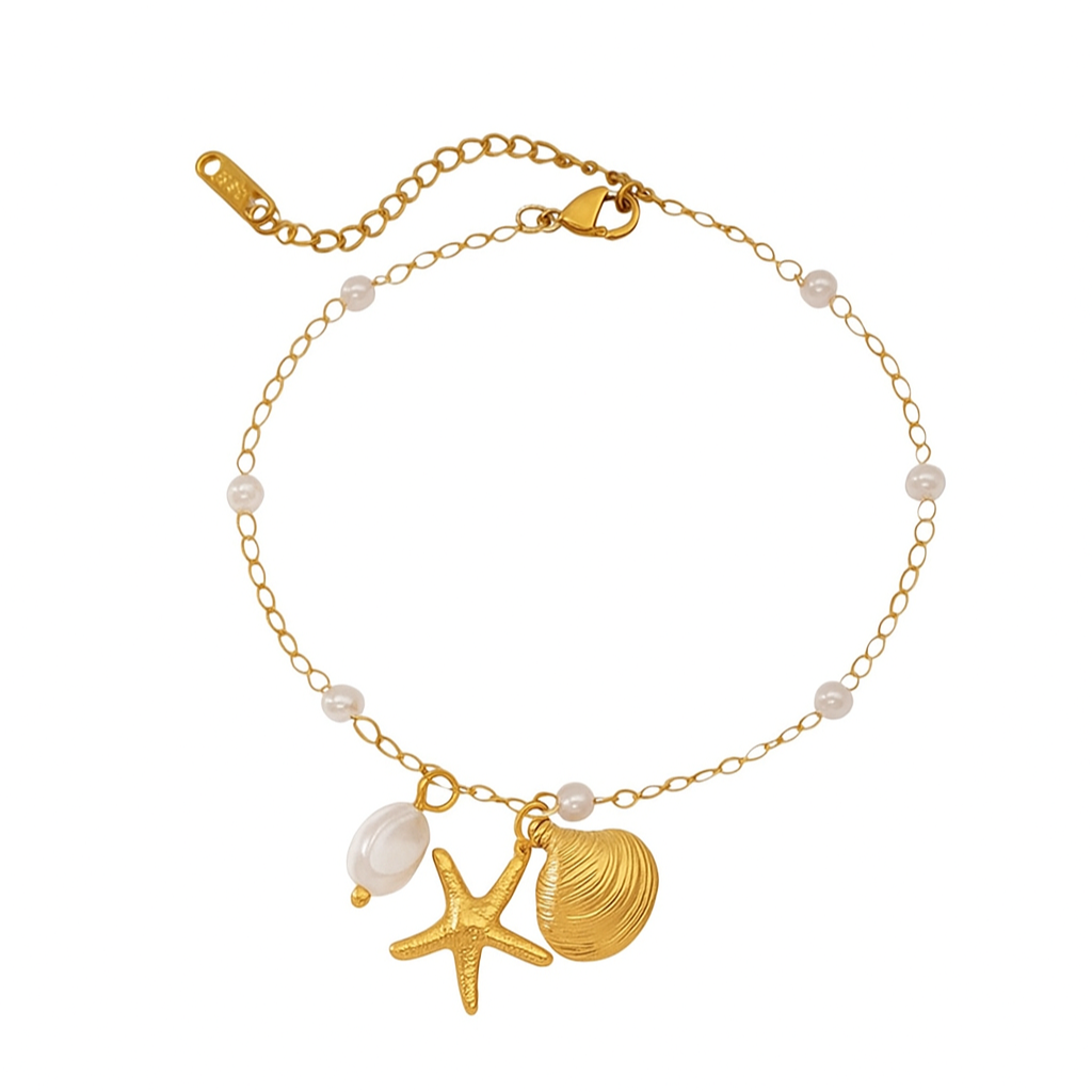 Luxe Tones Women's  Ocean Luxe 18k Gold Plated Pearl Anklet with Starfish And Shell Charms , BrandAlley