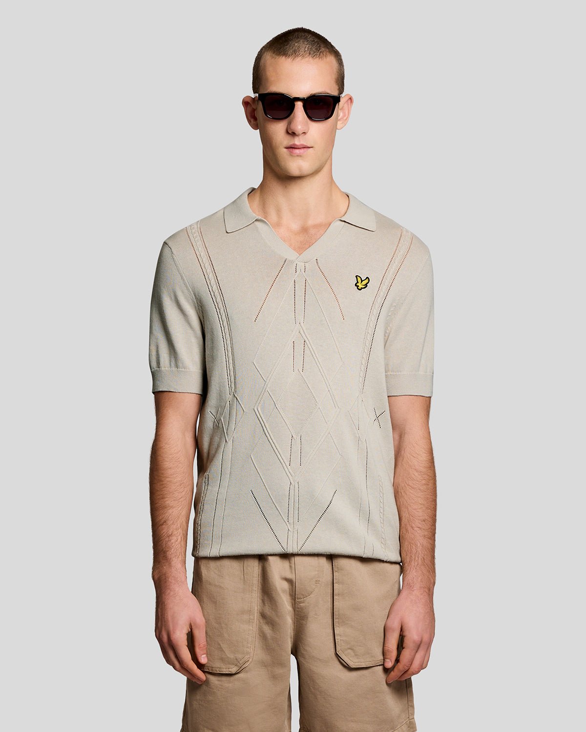Lyle & Scott Men's   White Open Collar Argyle Knitted Polo Shirt in Size XL, BrandAlley