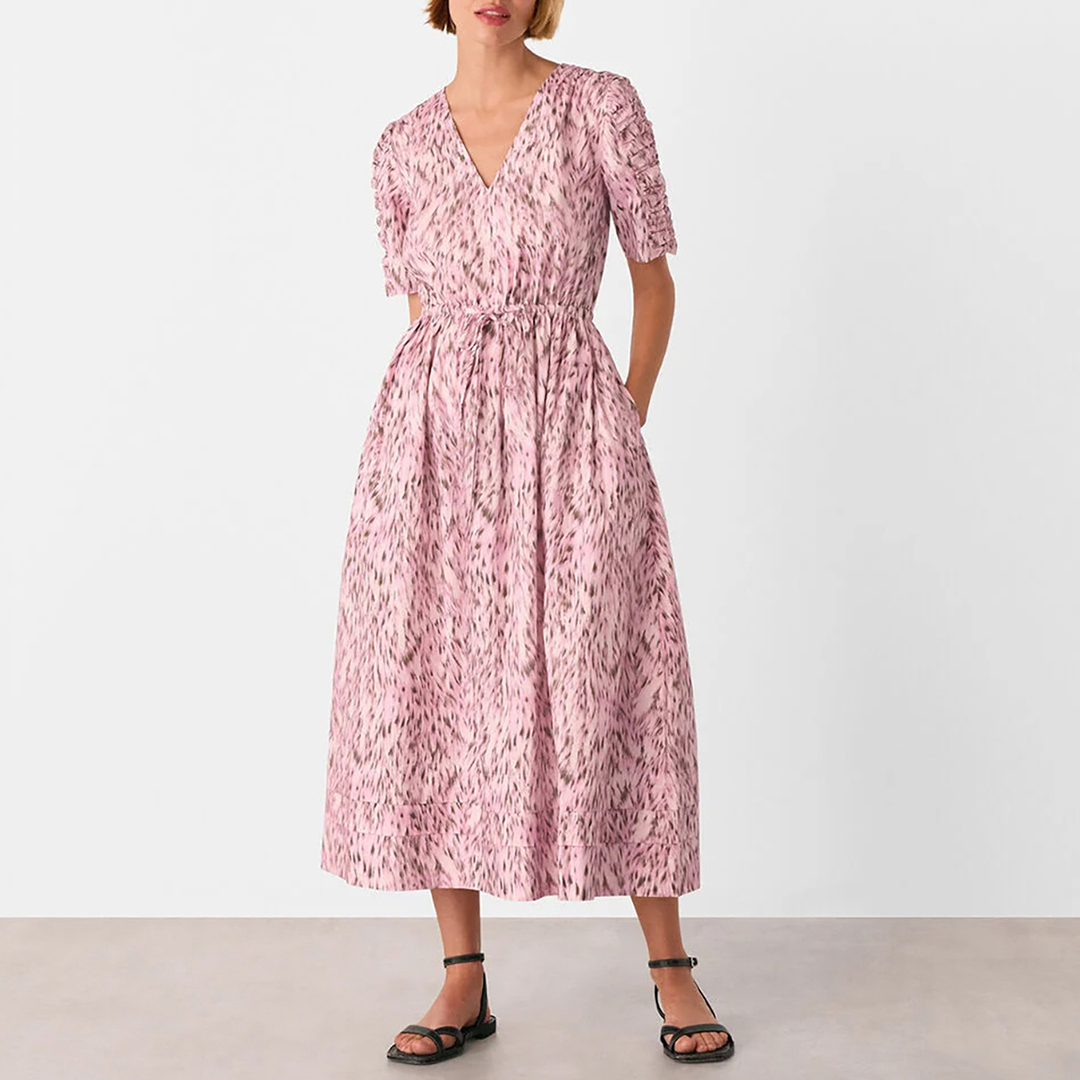 WHISTLES Women's  Pink Leopard Cotton Midi Dress in Size 8, BrandAlley