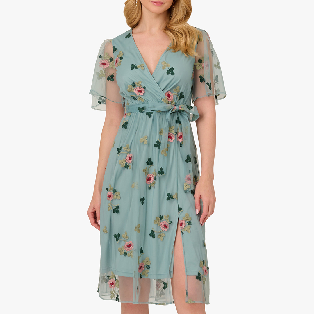 Adrianna Papell Women's    Blue Floral Embroidered Surplice Midi Dress in Size M, BrandAlley
