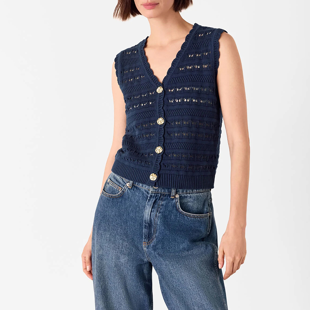 WHISTLES Women's  Navy Pointelle Detail Tank Top in Size L, BrandAlley