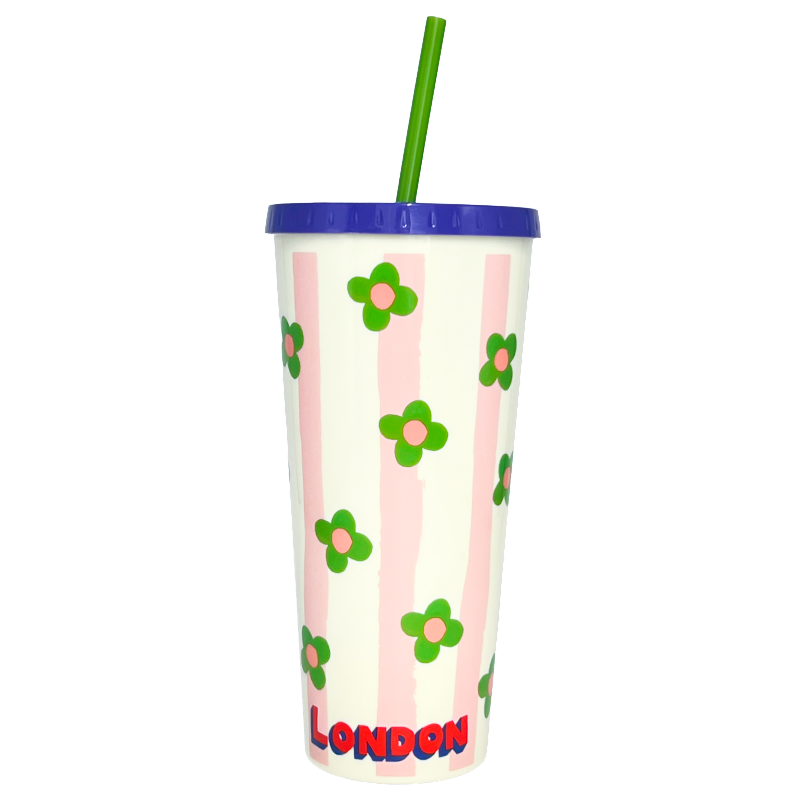 Eleanor Bowmer   Flowers London Striped Tumbler with Straw Cup By  , BrandAlley