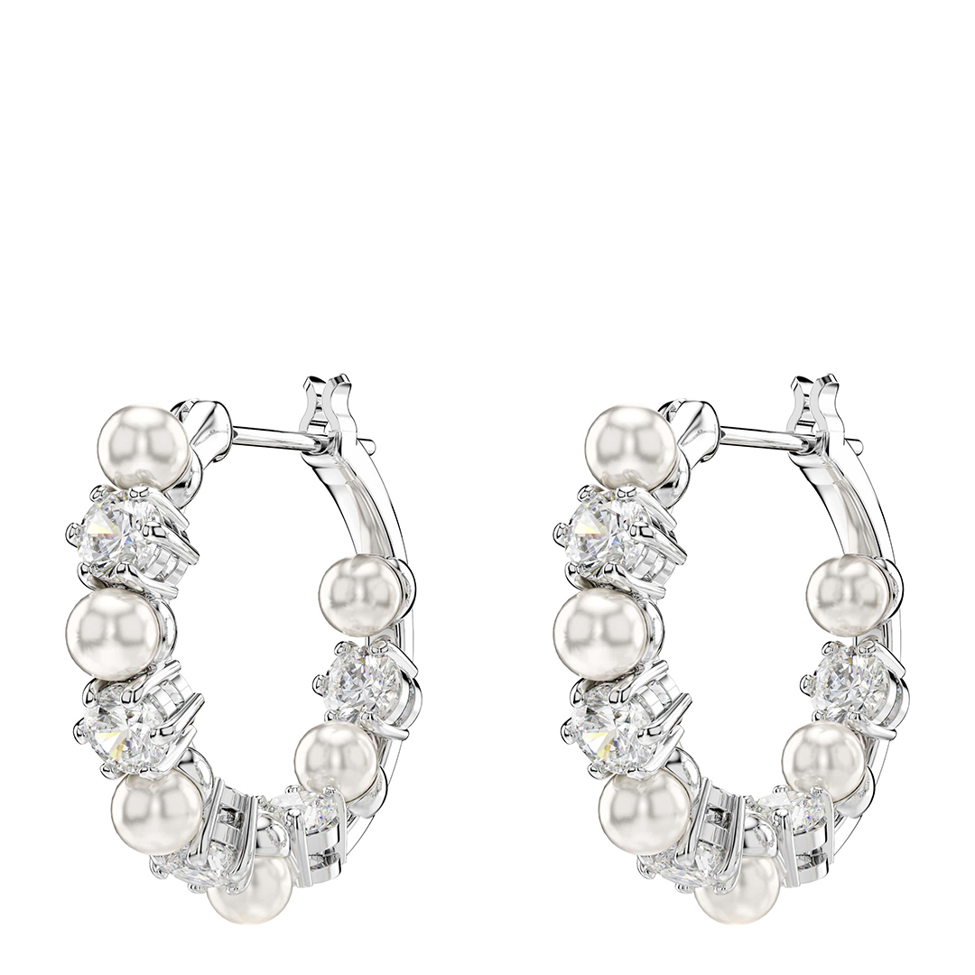 SWAROVSKI Women's  Silver Crystal Pearl Matrix Hoop Earrings in Size 1.8, BrandAlley