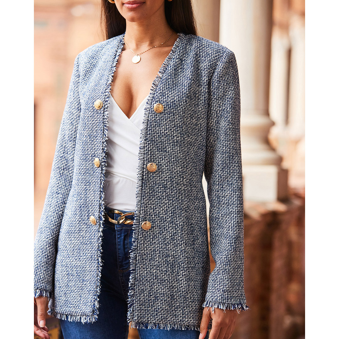 SOSANDAR Navy Blue Boucle Longline Jacket With Gold Buttons – Size 12 SOSANDAR Navy Blue Boucle Longline Jacket With Gold Buttons – Size 12