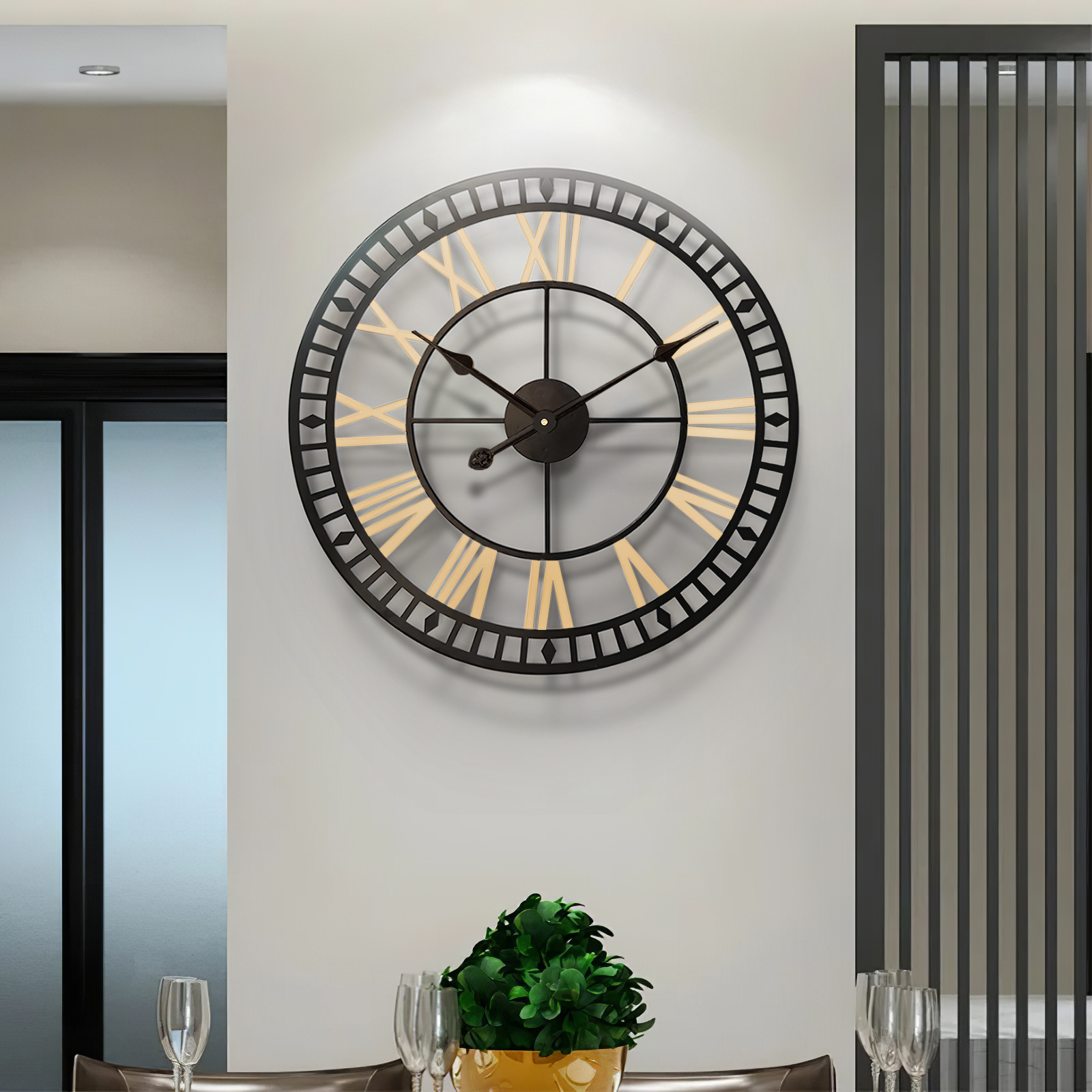 Living and Home   80cm Hollow Wall Clock with Black Frame and Gold Numbers 60 Scale Roman Numeral Wall Clock , BrandAlley