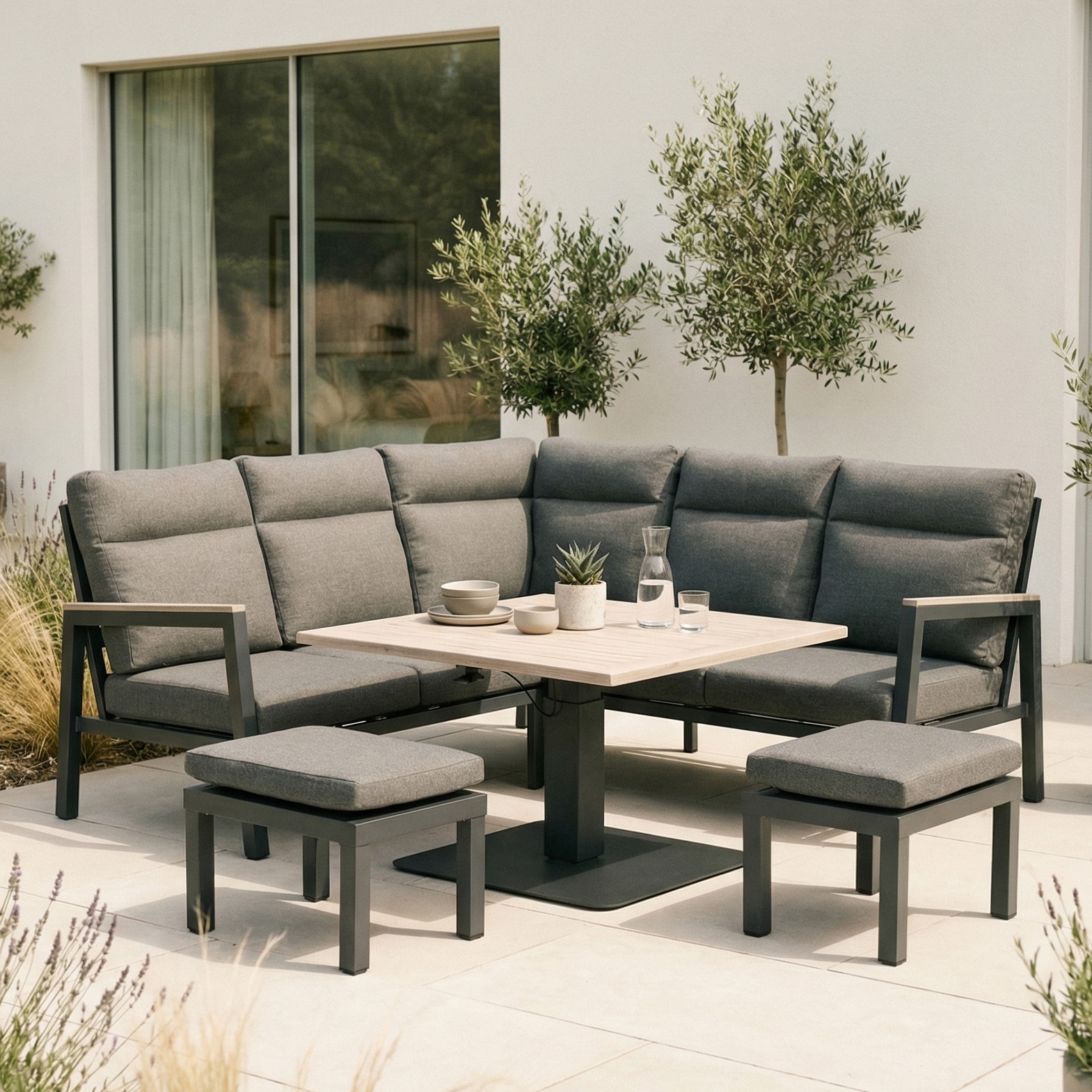 Kettler    Grey Tudor Mini Corner Set With 2 Footstools And 100 X 100Cm Square High/Low Table , BrandAlley