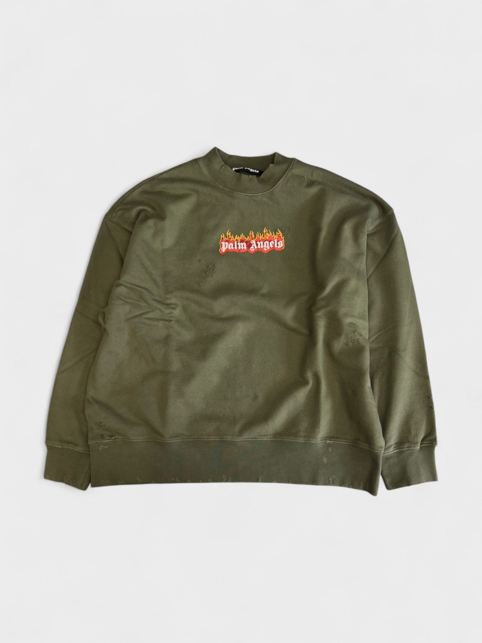 Palm Angels Men's   Green Burning Logo Sweatshirt Military in Size XL, BrandAlley