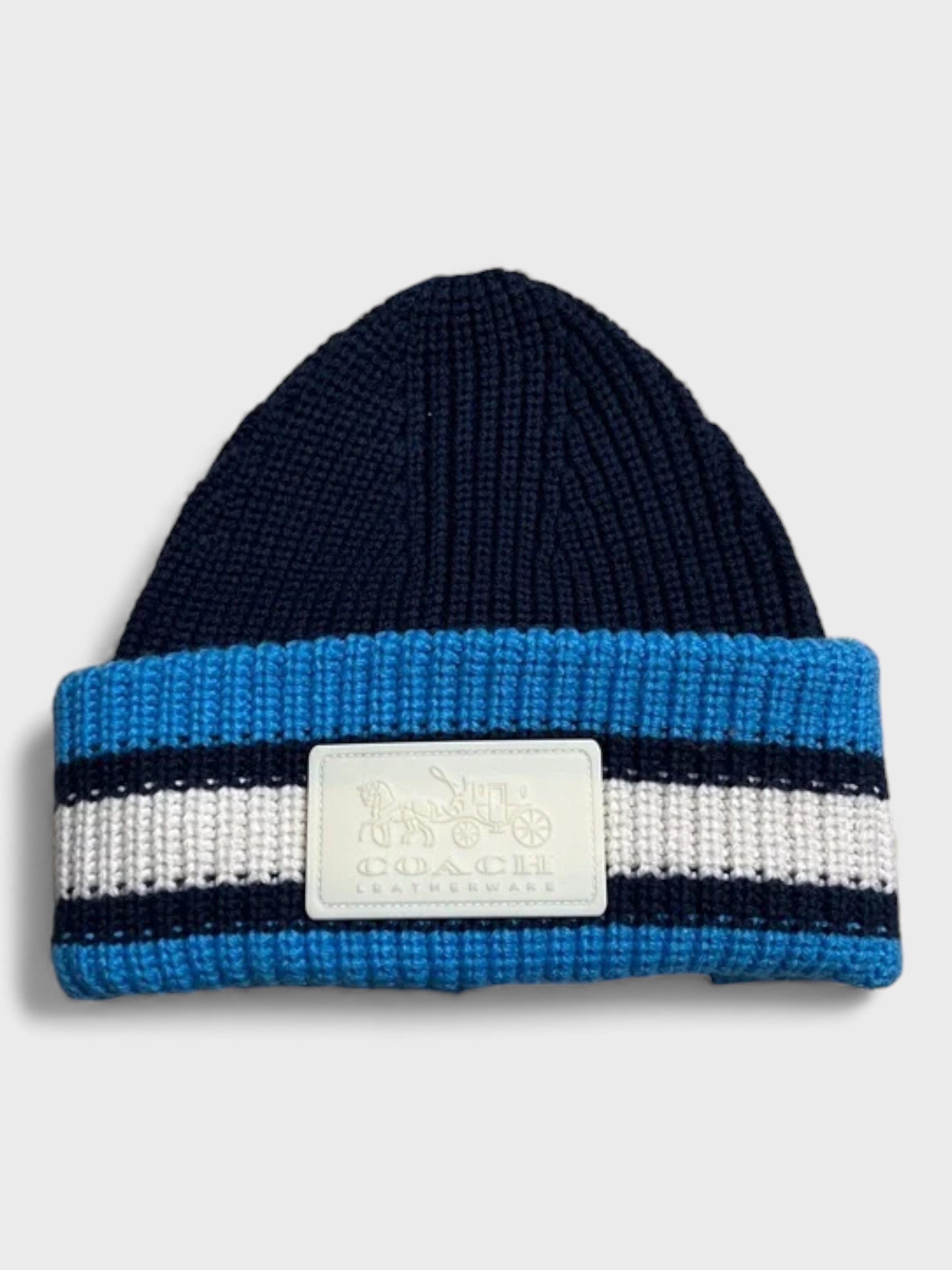 Coach Women's  Ribbed Knit Varsity Stripe Patch Beanie Navy Blue , BrandAlley