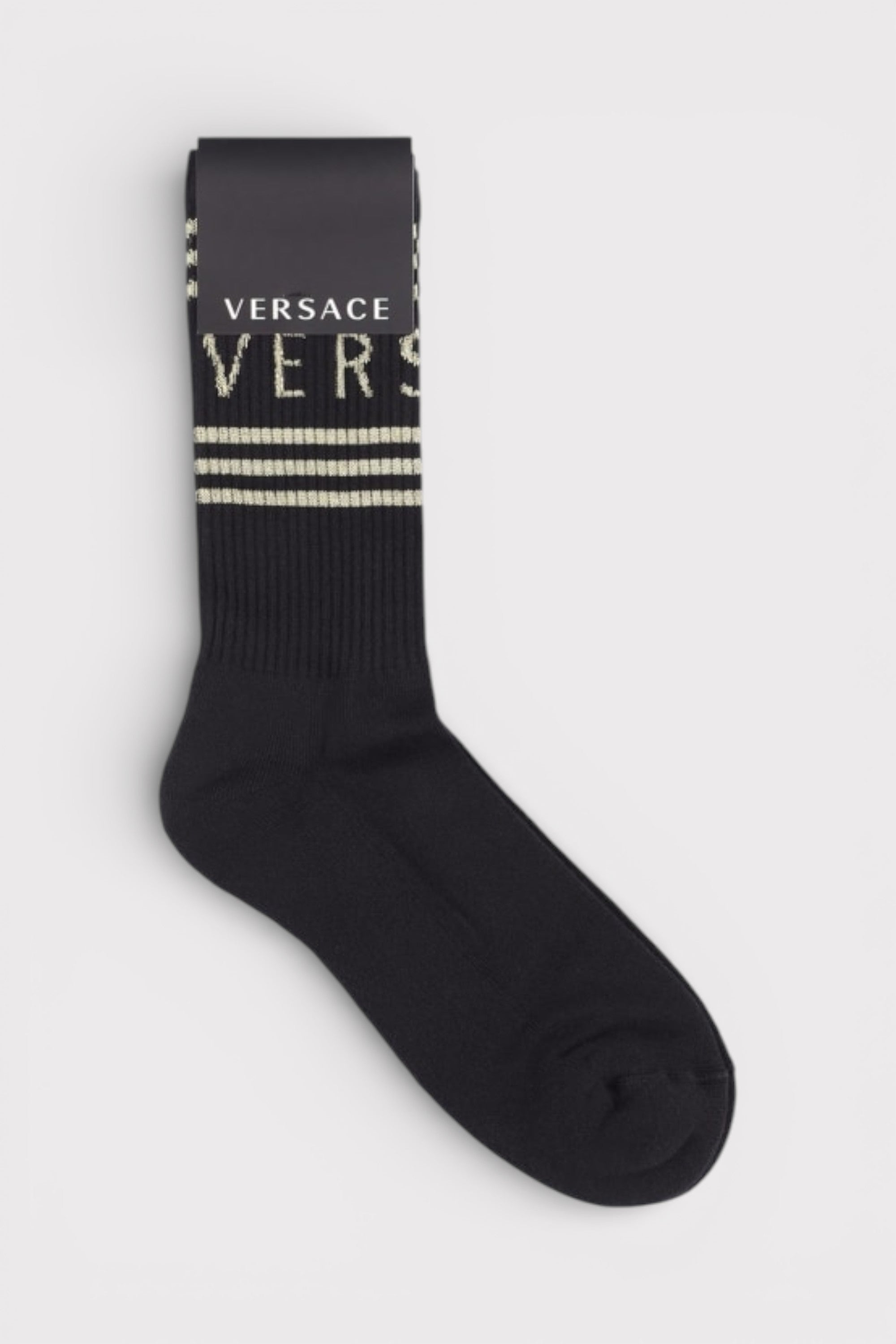 Versace Men's  Logo Intarsia Cotton Gold Tinted Crew Socks Black in Size S, BrandAlley