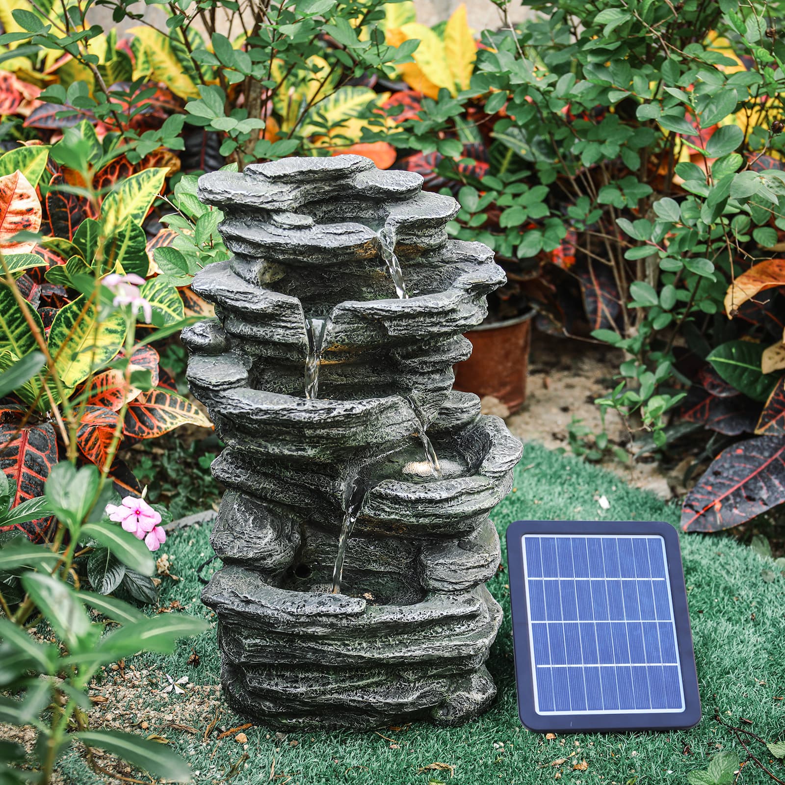Living and Home   46cm H Solar Powered Garden Water Feature Outdoor LED Waterfall Fountain Rockery Decor , BrandAlley