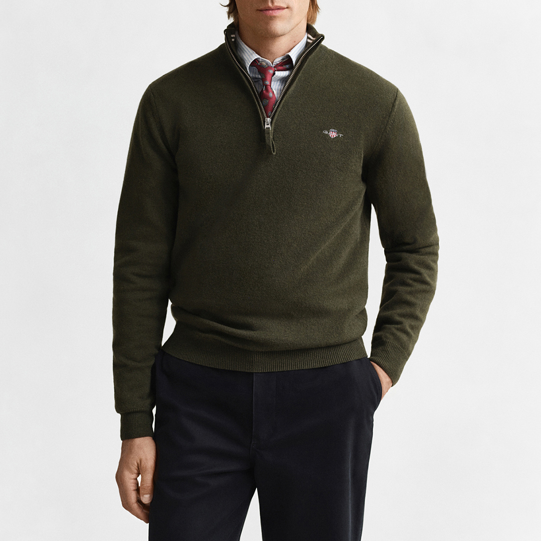 Gant Men's   Green Khaki Superfine Lambswool Quarter Zip Jumper in Size M, BrandAlley