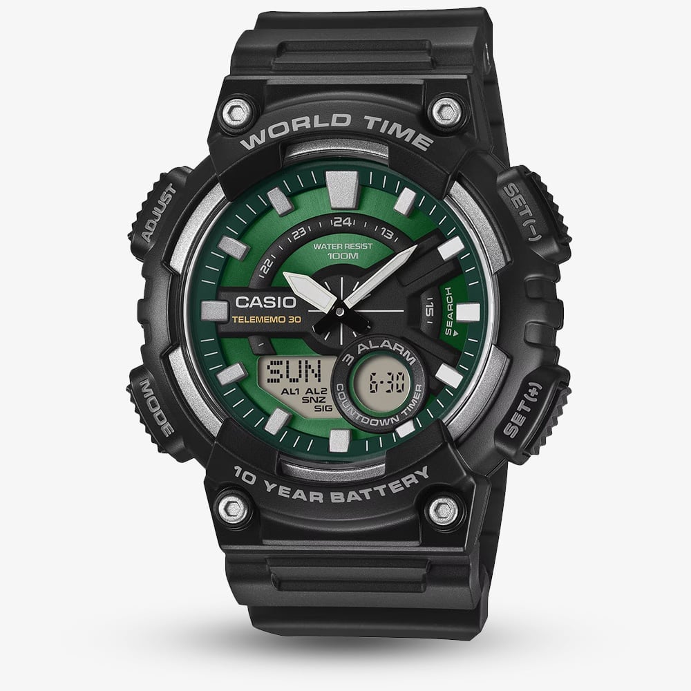 Casio Men's   Green  Face Series Dual Display Black Watch Aeq-110W-3A2vef , BrandAlley