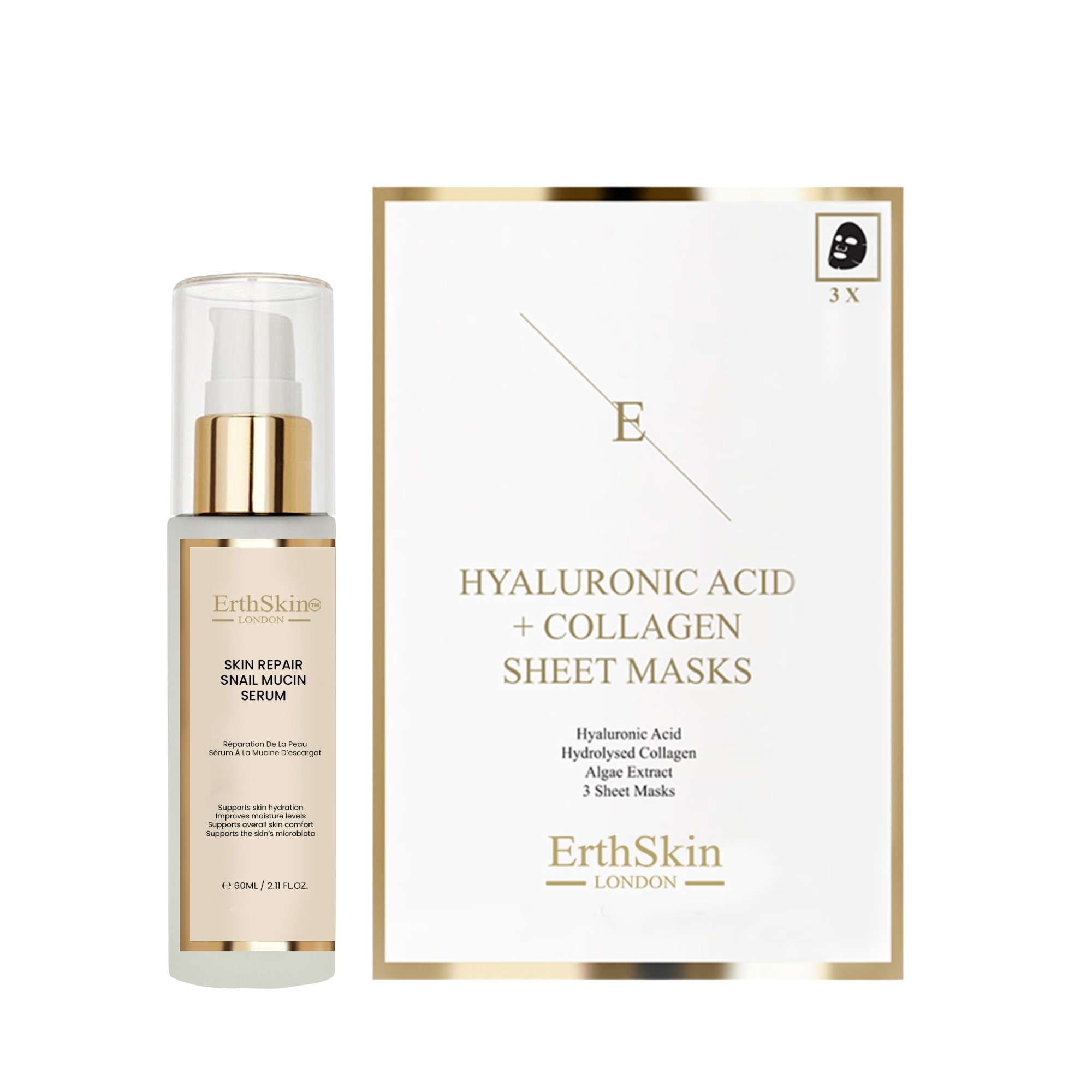 Erth Skin London   Skin Repair Snail Mucin Serum 60ml +  Hyaluronic Acid & Collagen Mask (3 Sheets) , BrandAlley