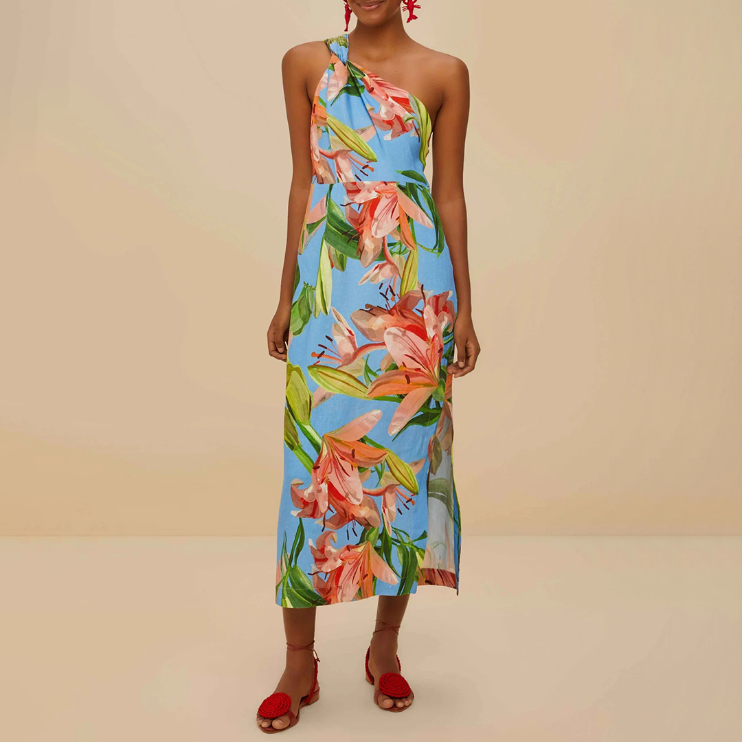 Farm Rio Women's   Blue Lily Bloom One Shoulder Linen Midi Dress in Size S, BrandAlley