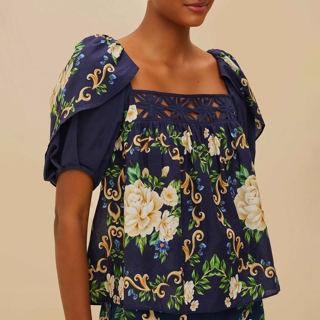 Farm Rio Women's  Blue Flower Tapestry Flowered Cotton Blouse in Size M, BrandAlley