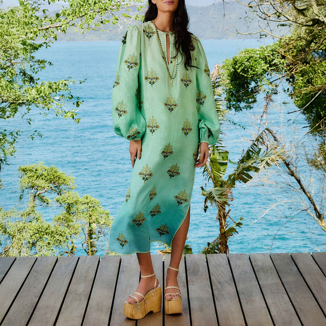 Farm Rio Women's  Turquoise Palm Tree Tapestry Embroidery Tunic in Size XL, BrandAlley