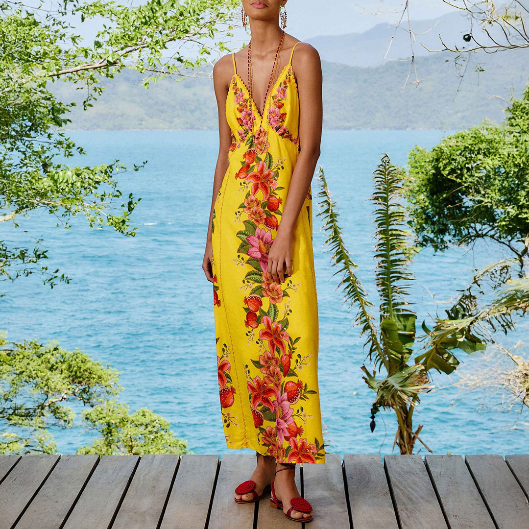 Farm Rio Women's   Yellow Summer Fruit Scarf Linen Blend Maxi Dress in Size M, BrandAlley