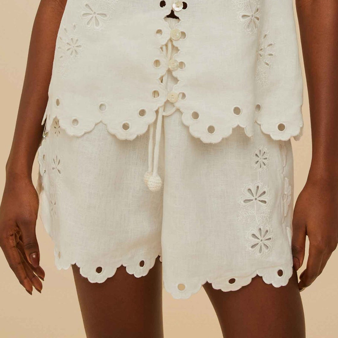 Farm Rio Women's  White Flowers Richelieu Linen Shorts in Size XXS, BrandAlley