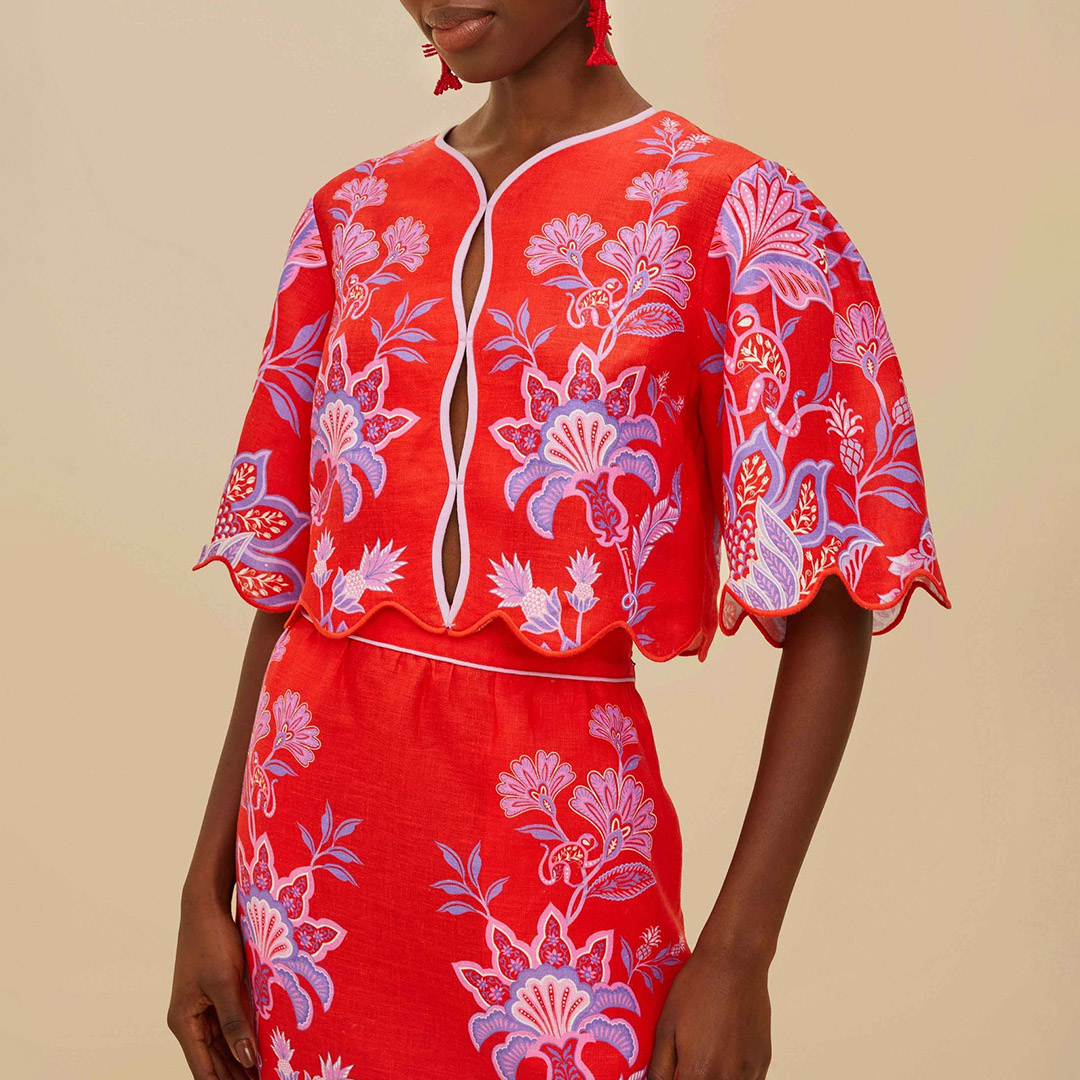 Farm Rio Women's  Red Porcelain Garden Linen Blouse in Size XS, BrandAlley