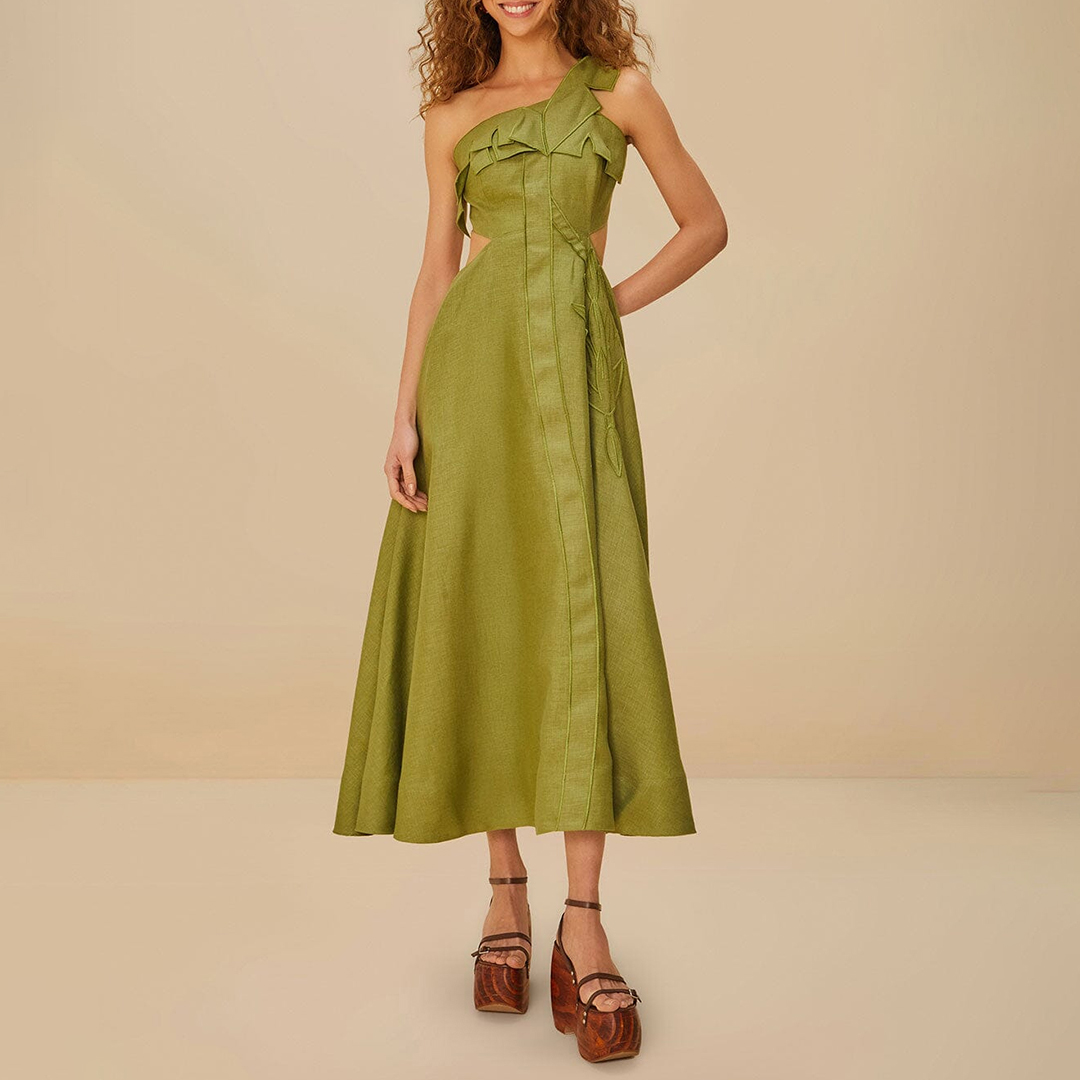 Farm Rio Women's  Green Palm Tree Cutwork Linen Maxi Dress in Size M, BrandAlley