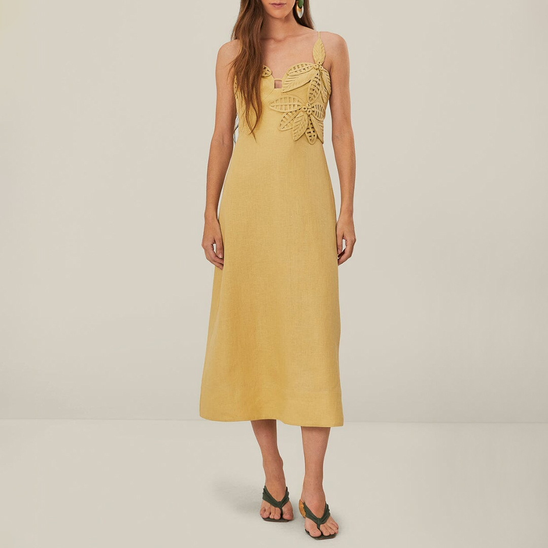 Farm Rio Women's   Beige Sand Flowered Bust Linen Midi Dress in Size XXS, BrandAlley