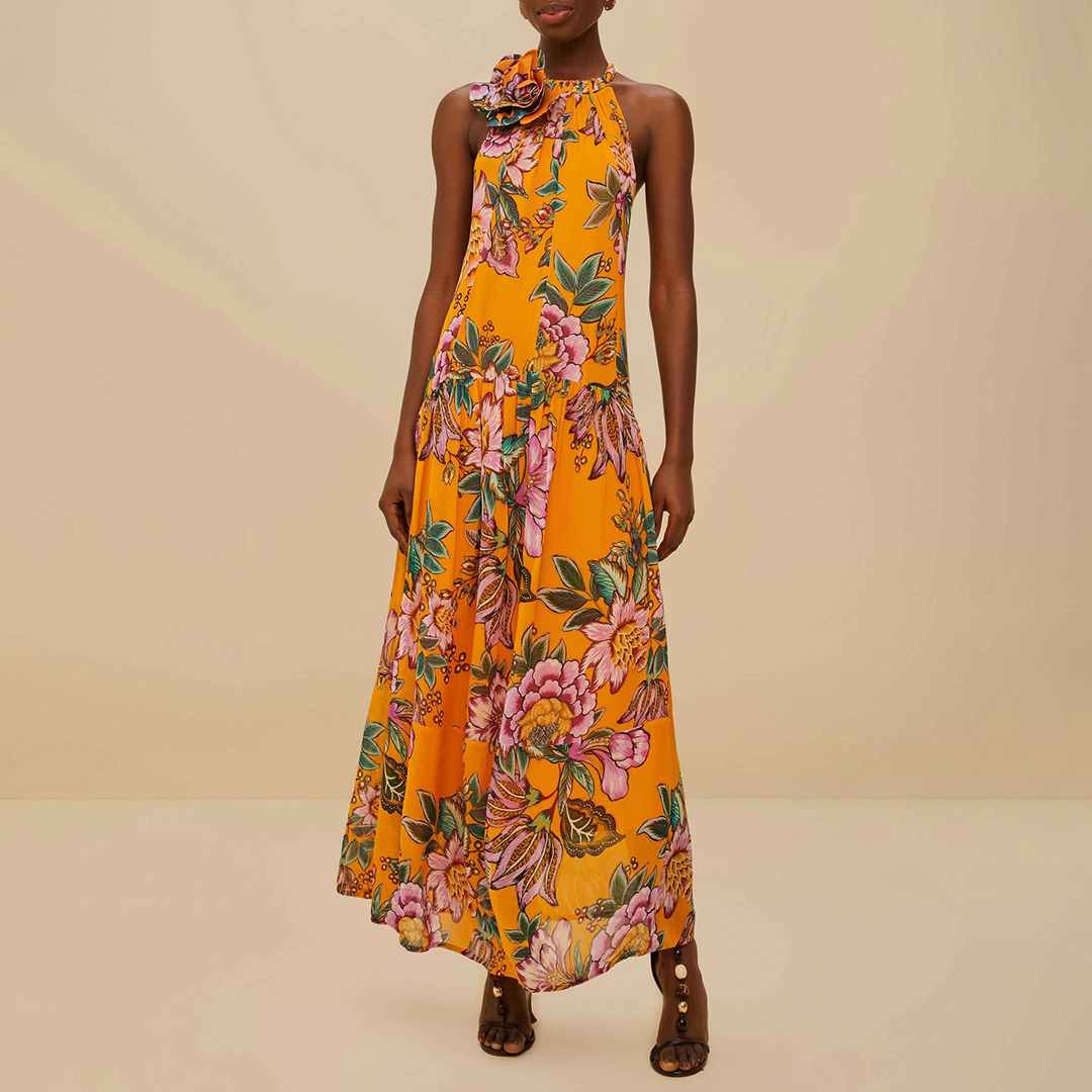Farm Rio Women's  Orange Wonderful Bouquet Maxi Dress in Size S, BrandAlley