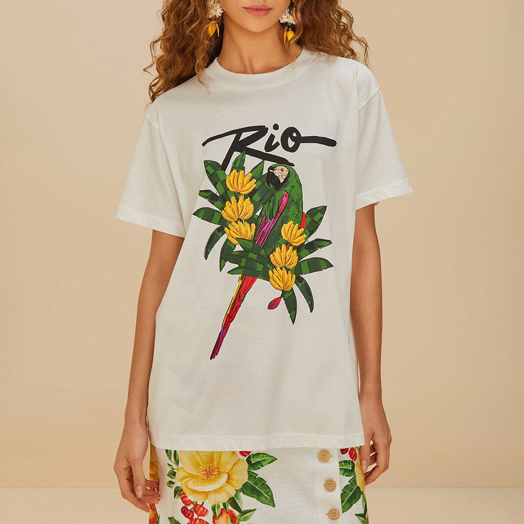 Farm Rio Women's  White Rio Macaw Relaxed Cotton T-Shirt in Size M, BrandAlley