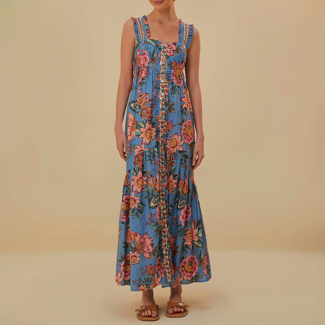 Farm Rio Women's   Blue Wonderful Bouquet Sleeveless Maxi Dress in Size L, BrandAlley