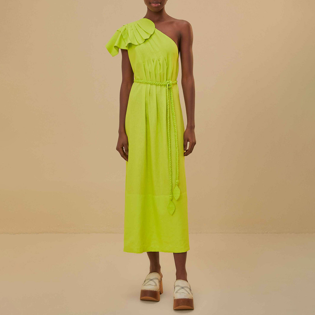 Farm Rio Women's   Green One Shoulder Leaf Linen Blend Maxi Dress in Size XS, BrandAlley