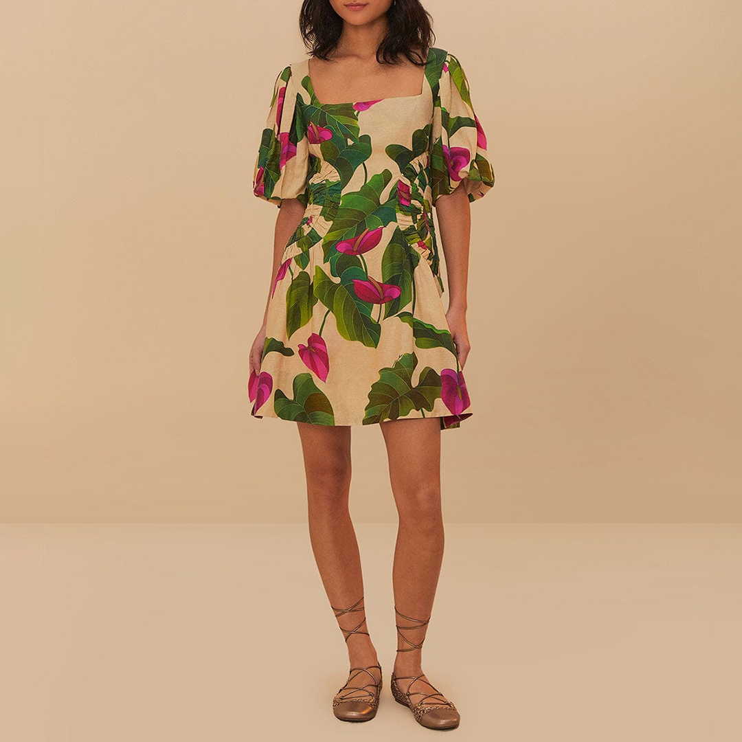 Farm Rio Women's   Beige Sand Anthurium Leaves Linen Blend Dress in Size XXS, BrandAlley