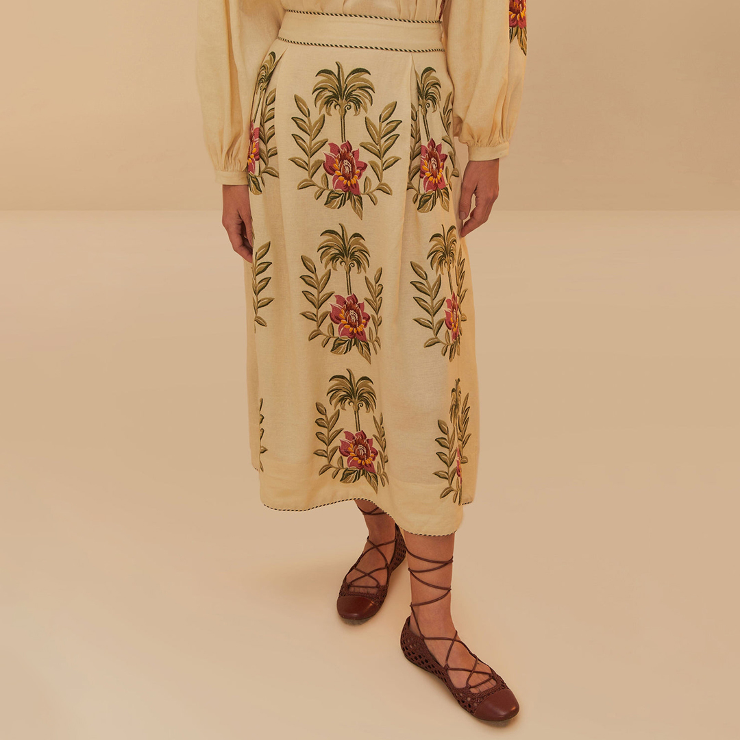 Farm Rio Women's   Beige Sand Tropical Flower Embroidered Linen Blend Maxi Skirt in Size XS, BrandAlley