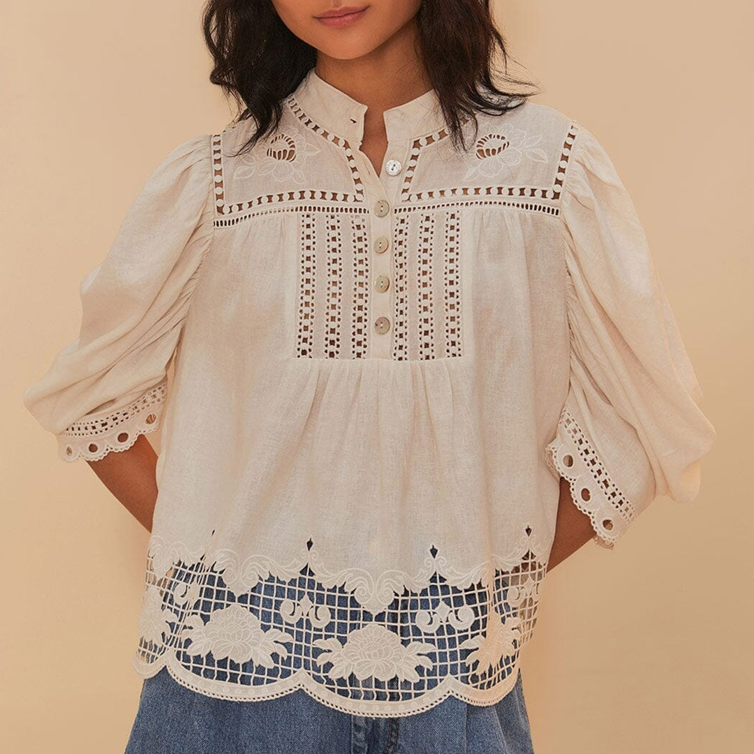 Farm Rio Women's   Romantic Richelieu Linen Blend Blouse in Size XS, BrandAlley