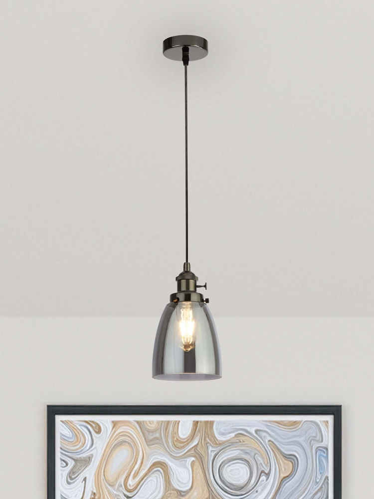 Searchlight   Camden 1Lt Pendant  - Black Chrome Metal & Smoked Glass , BrandAlley