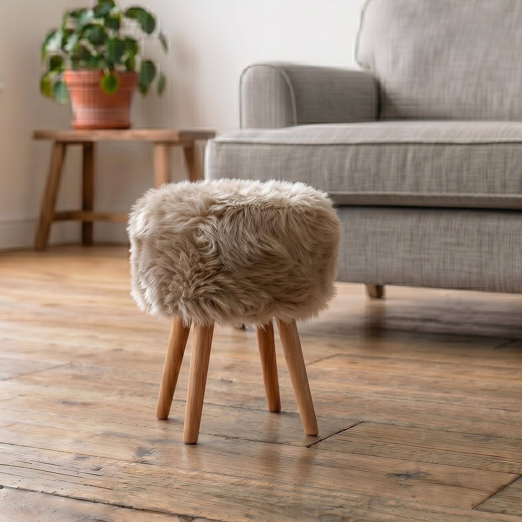 Native    Beige Sheepskin Stool - Wooden Legs , BrandAlley