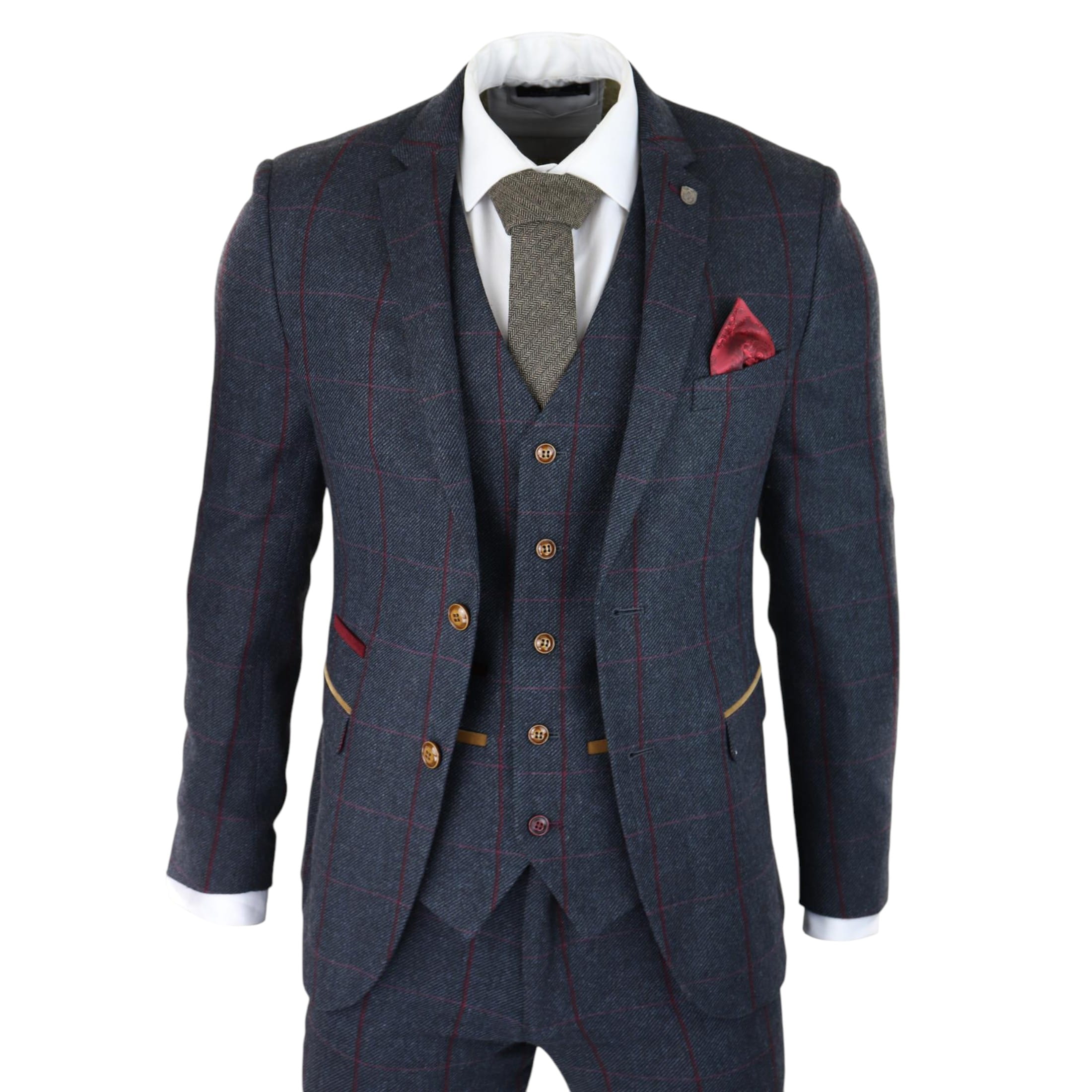 Paul Andrew Men's   Herringbone Tweed Suit 3 Piece Navy Blue Peaky Blinders 1920s Tailored Fit in Size 38R, BrandAlley