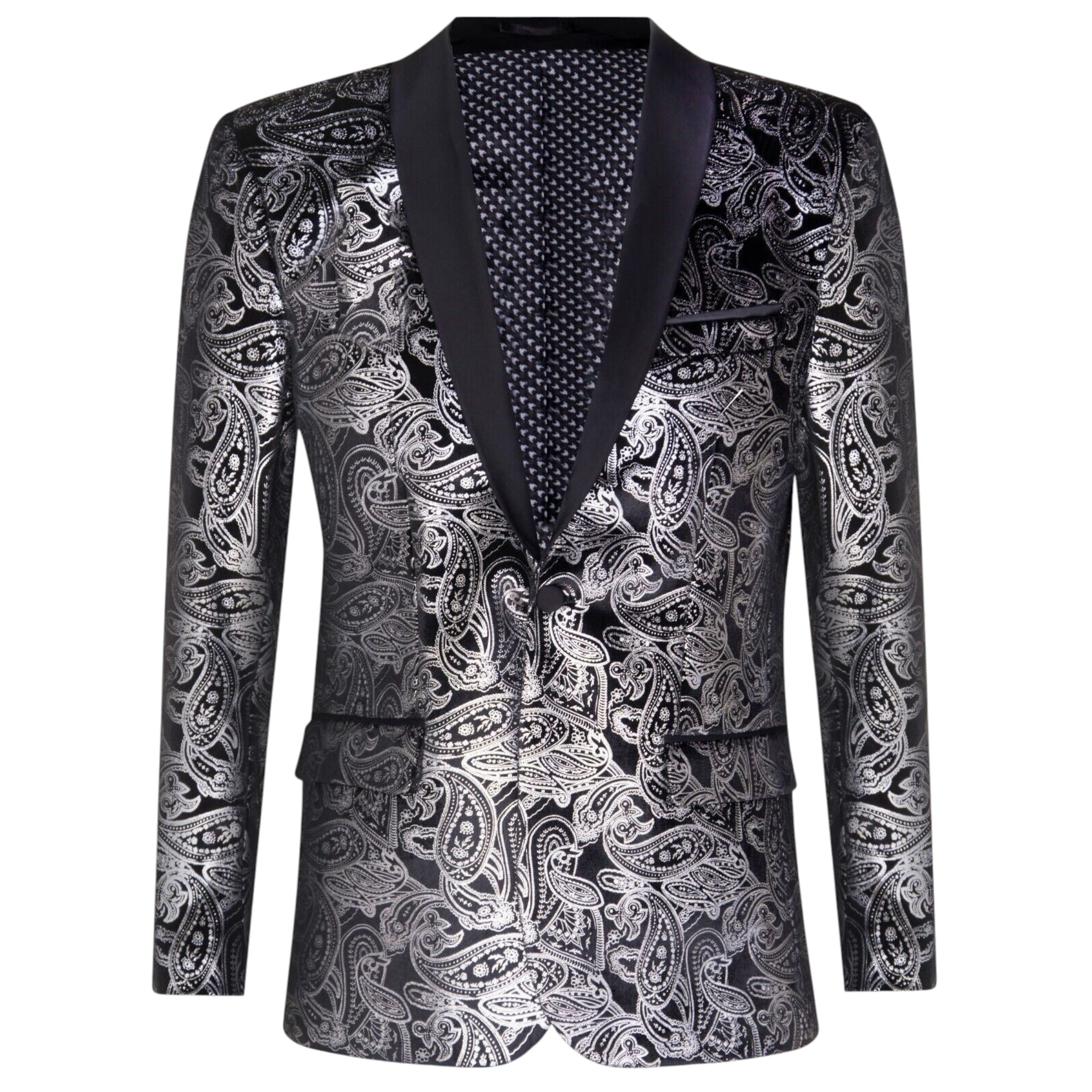 TruClothing Men's   Classic Silver Paisley Black Velvet Tuxedo Dinner Jacket Tailored Blazer in Size 48, BrandAlley