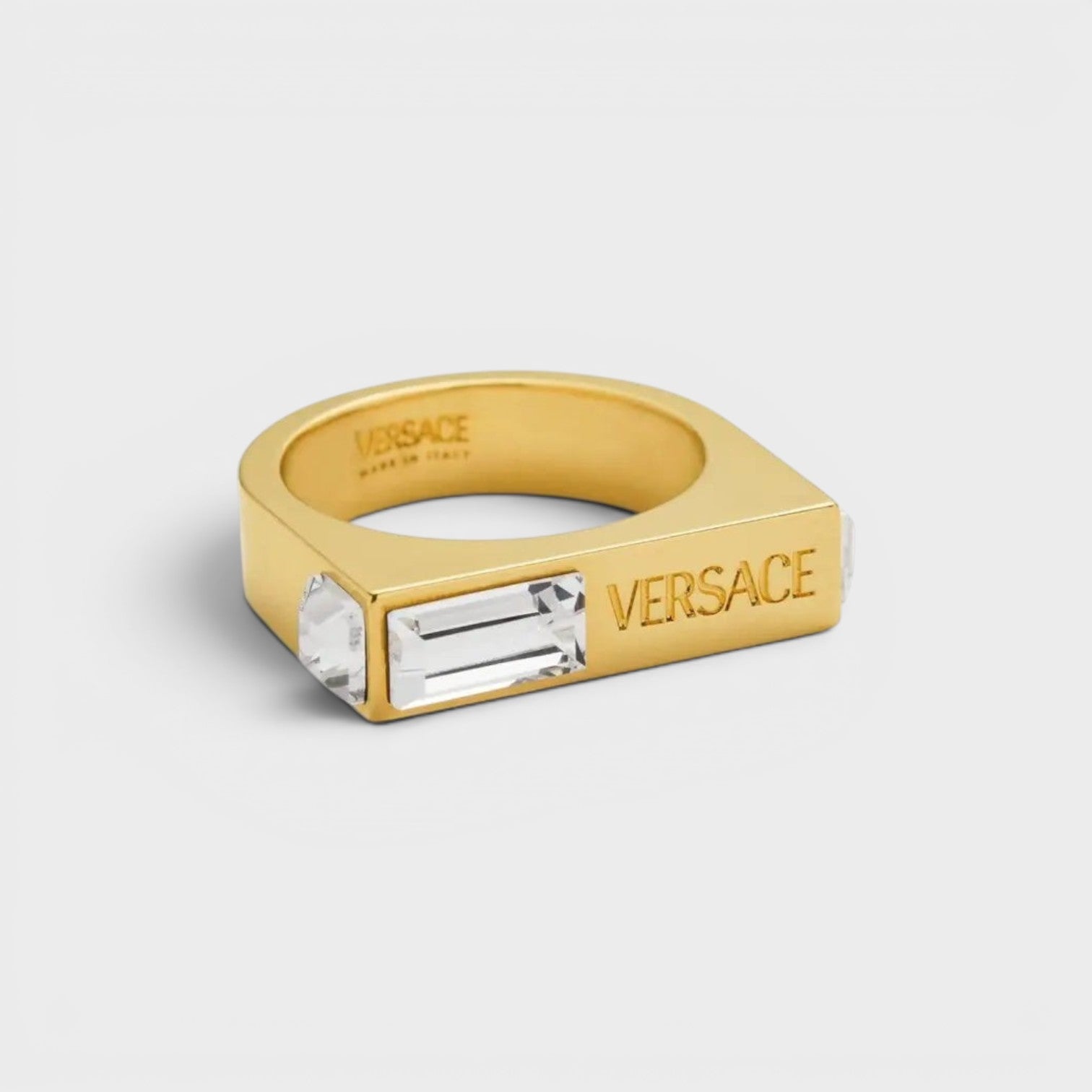 Versace Men's   Gold Logo Engraved Crystal Embellished Ring in Size O, BrandAlley