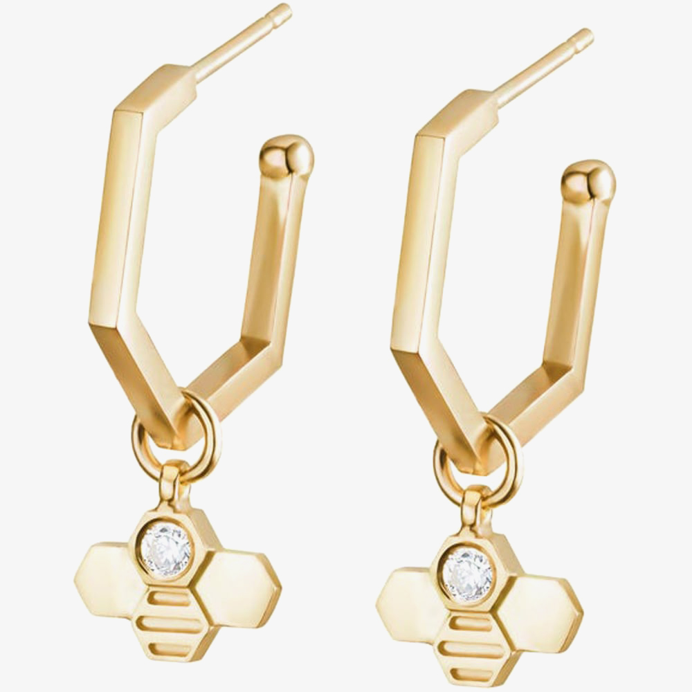T.H.Baker Women's   Gold 9Ct Yellow Diamond Hexagonal Tiny Bee Hoop Earrings Beh-9Yg-D , BrandAlley