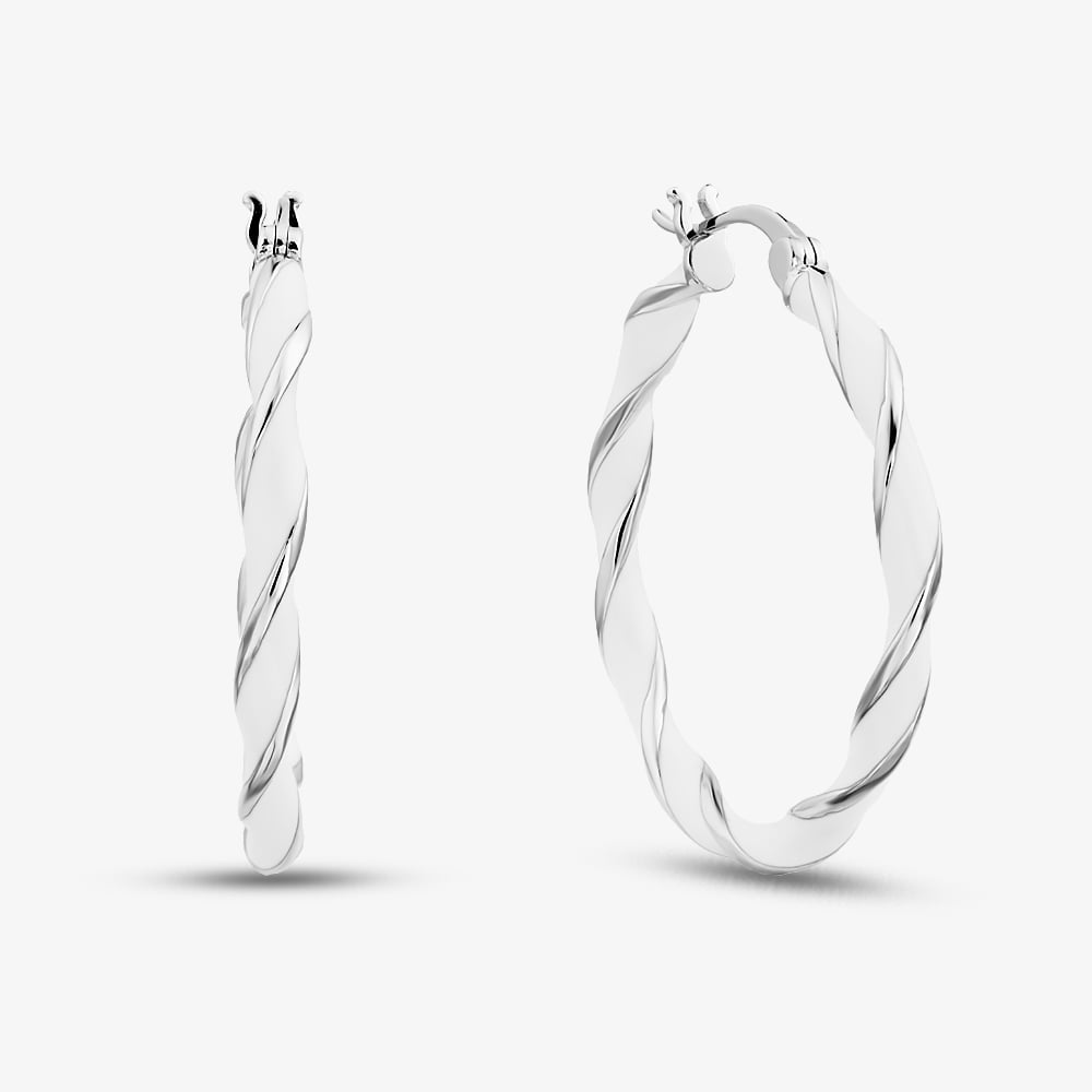 T.H.Baker Women's  Sterling Silver Rhodium Plated 31mm White Enamel Twister Hoop Earrings 8.51.3143 , BrandAlley