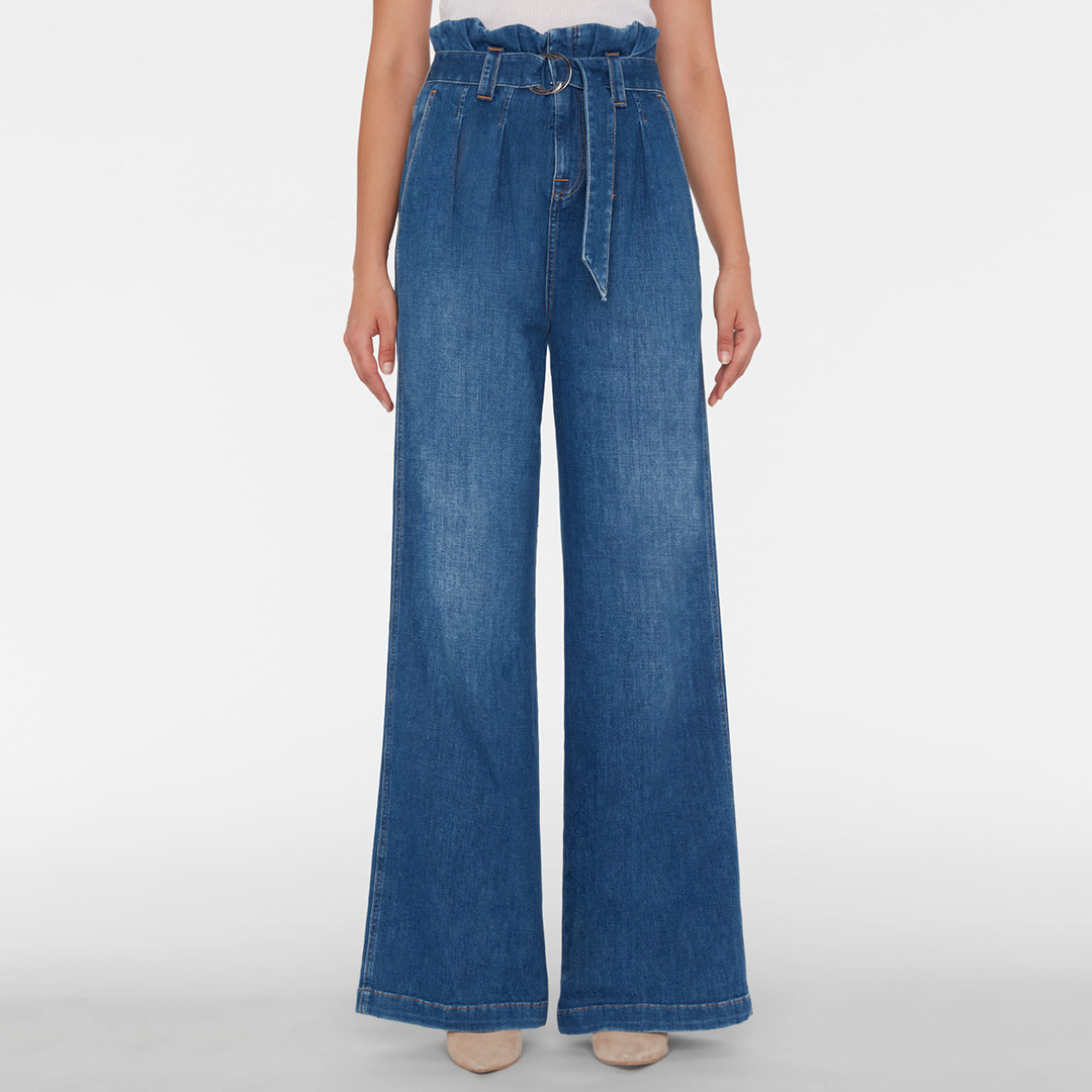 Blue Wide Leg Paperbag Stretch Jeans