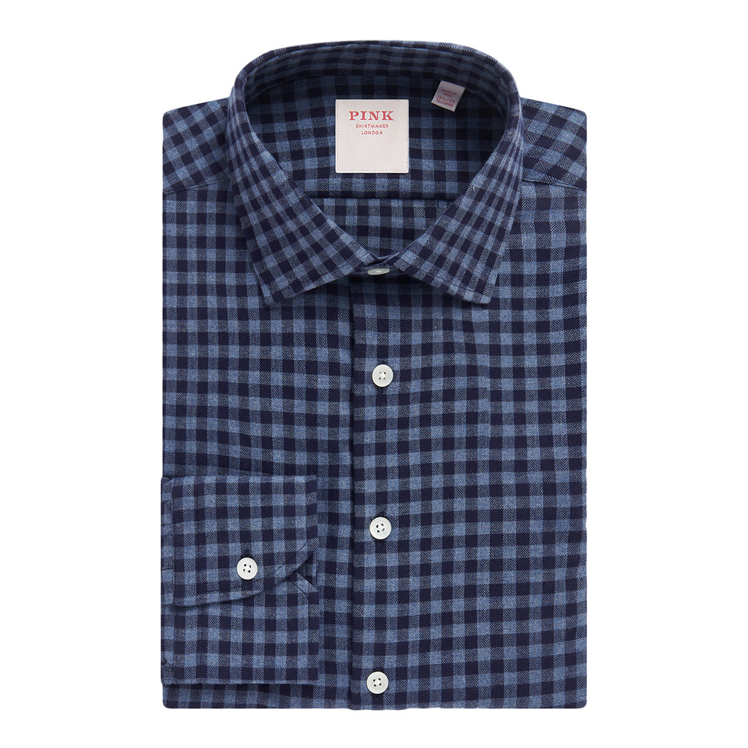 Navy Herringbone Check Tailored Fit Cotton Shirt