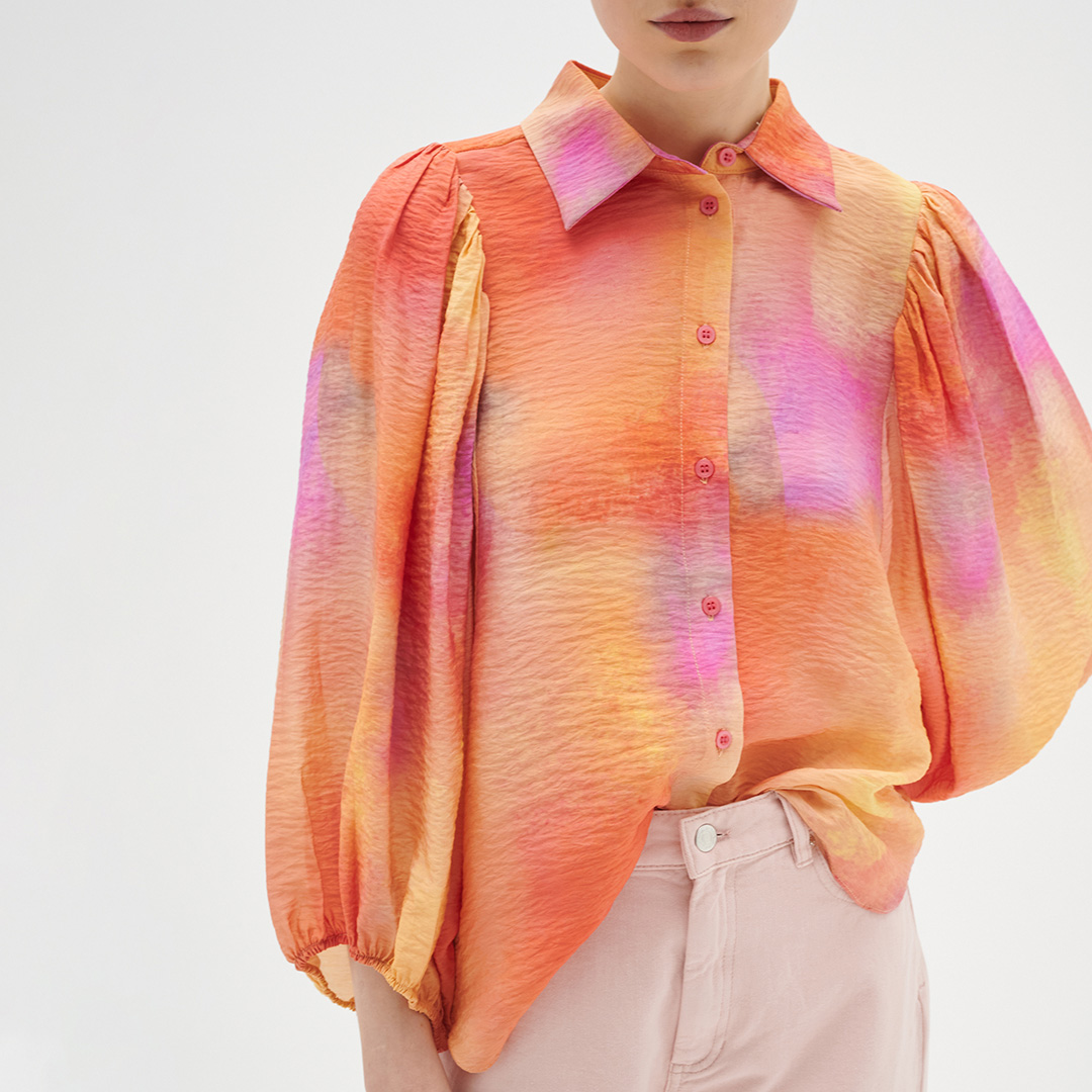 Multi Tedral Tie Dye Puff Sleeve Blouse
