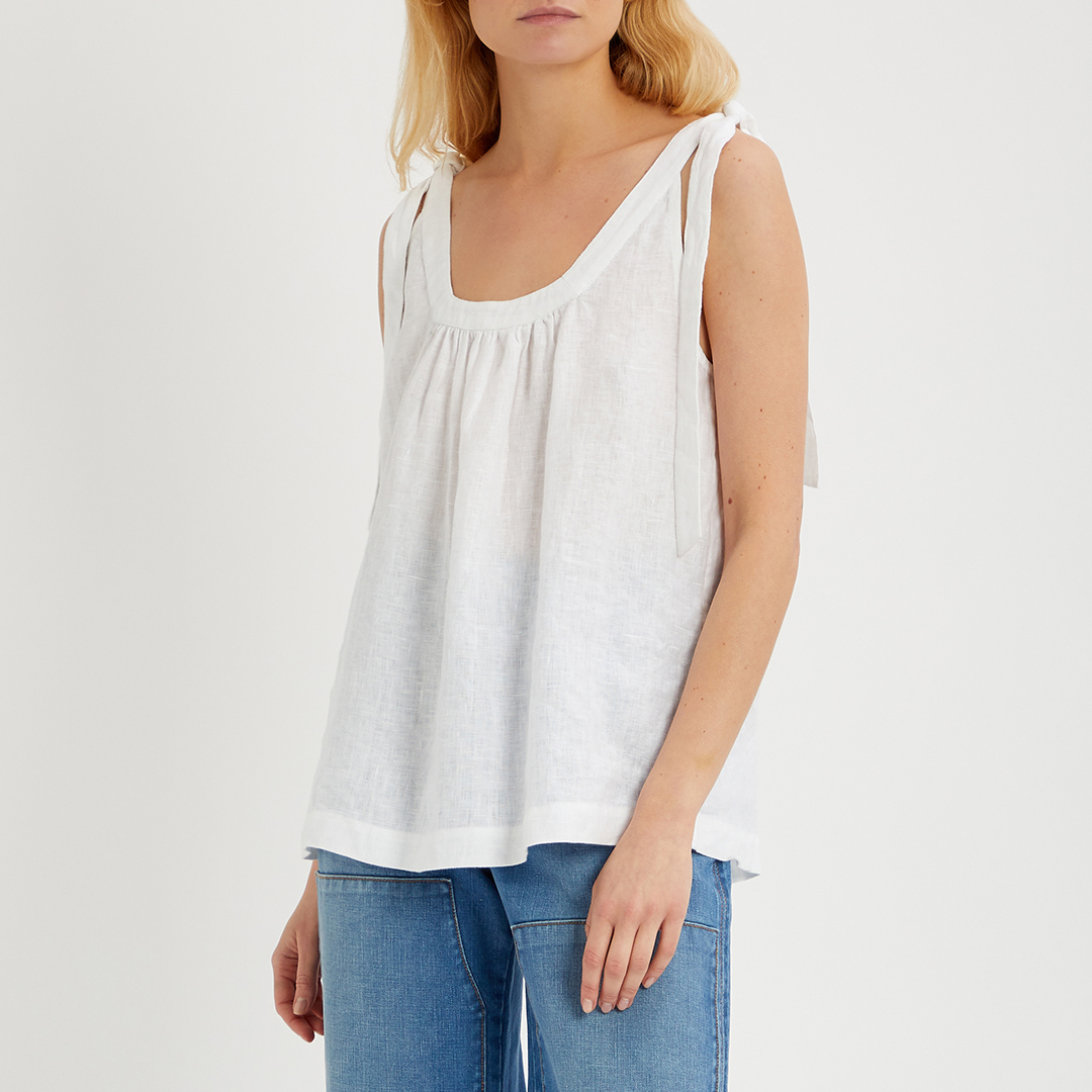 White Linen Tie Shoulder Top