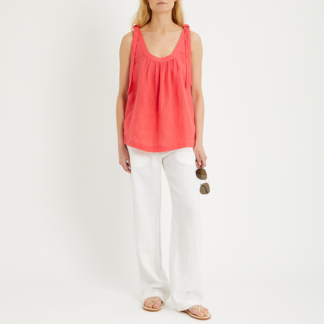 Geranium Linen Tie Shoulder Top