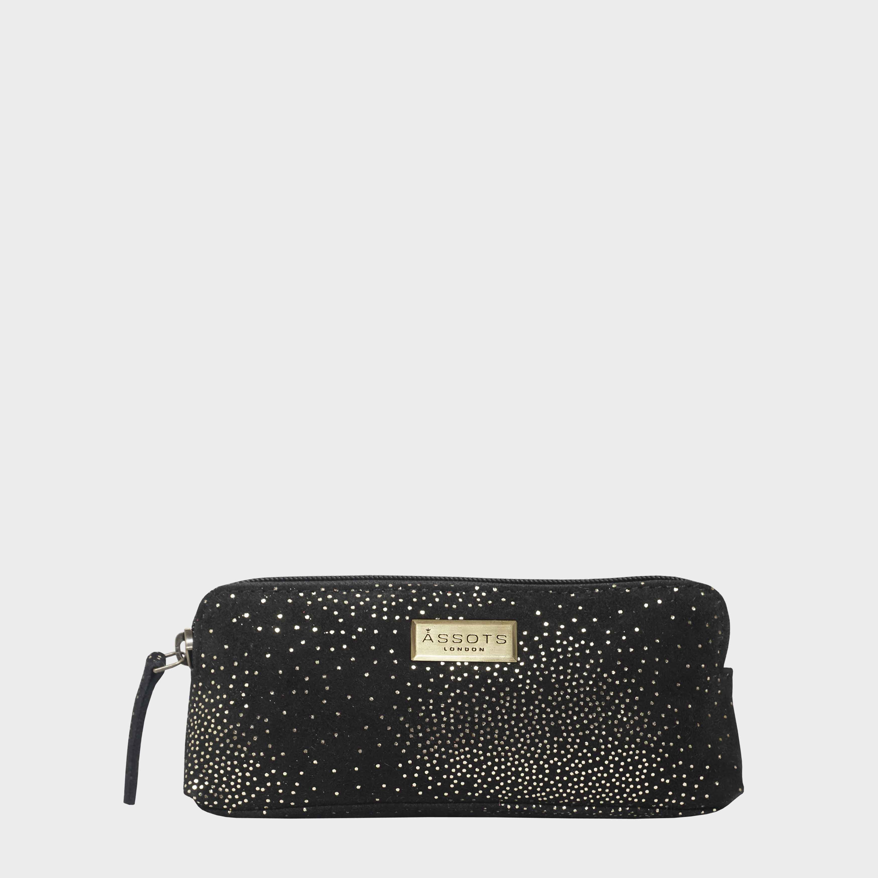 ‘EMILY’ Small Black & Yellow Gold Sparkle Leather MakeUp Bag