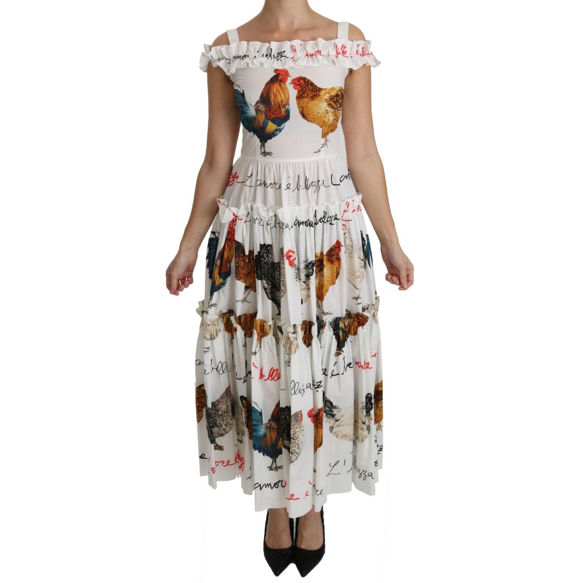 Chicken Print Midi Dress Ruffled Tiered Dress Wo - White Dresses main product photo
