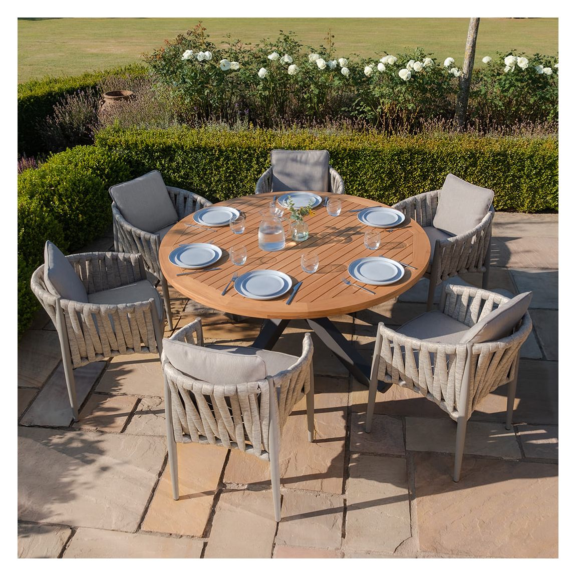 Jakarta Teak Round Dining Table With Milan Dining Chairs - Cool Linen main product photo