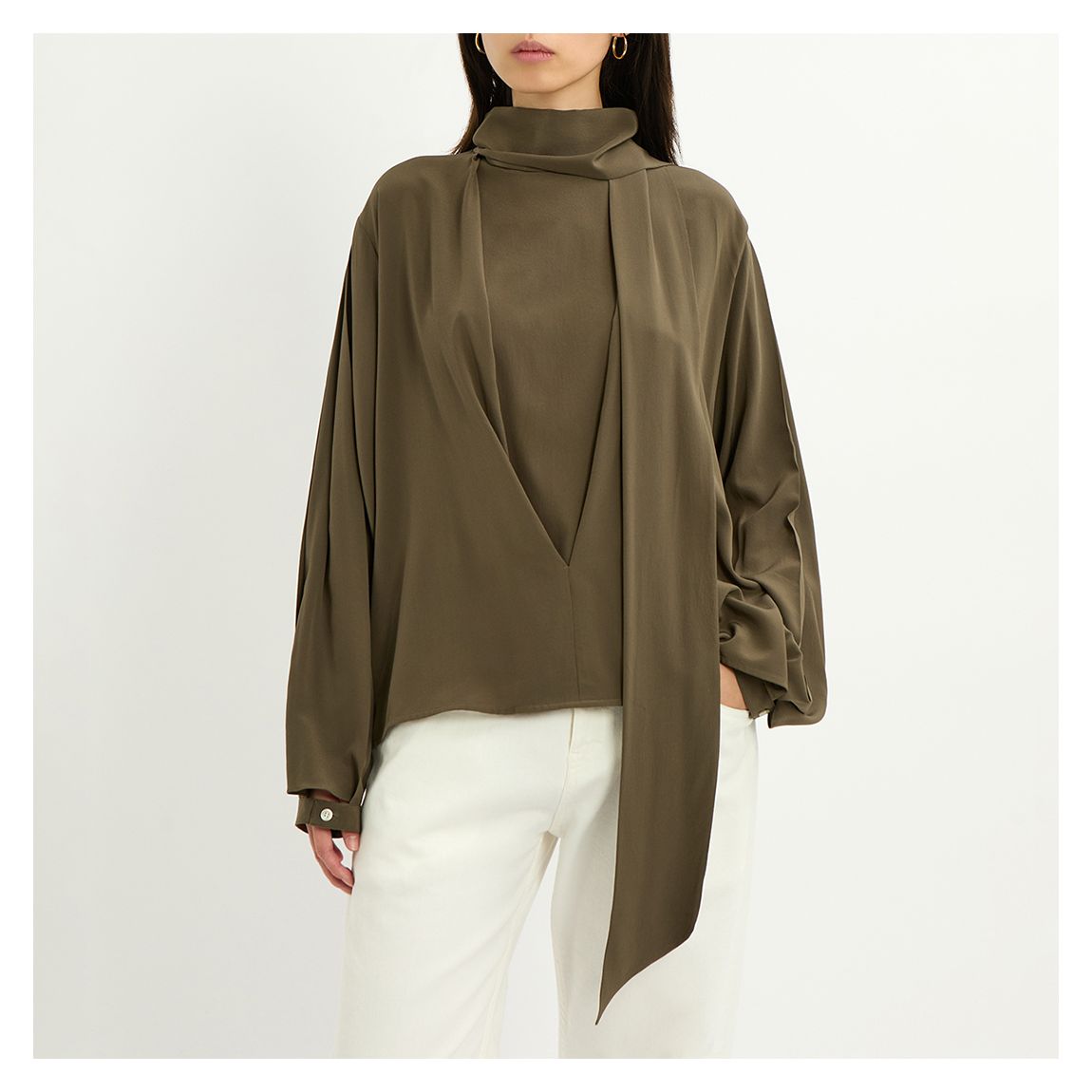 Khaki Scarf Neck Silk Blouse main product photo
